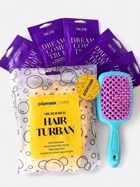Popmask Microfiber Hair Turban + Hair Brush + 5 MCJW Dream Come True Hair Masks